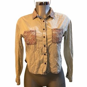 Dani Chambray Cropped Top Shirt Stitch Pockets Sz Medium 100% Cotton Bohemian
